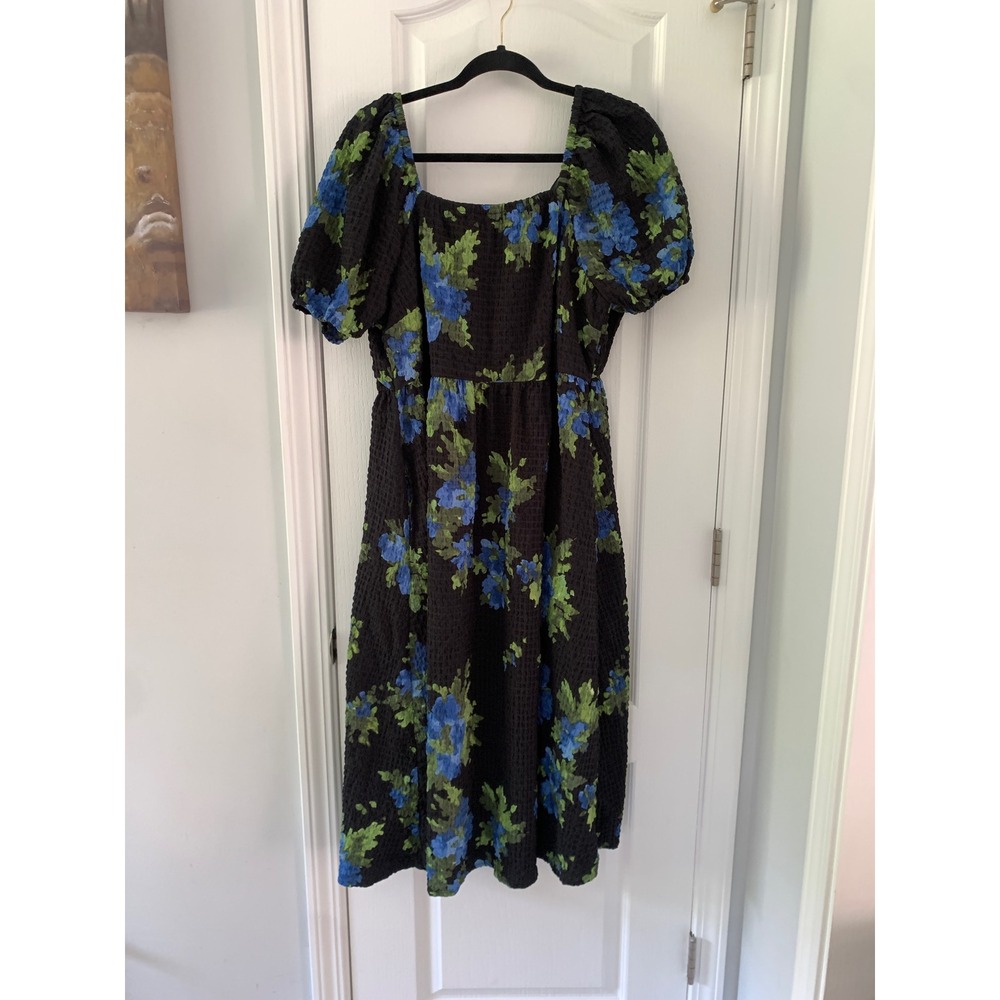 Time and Tru Floral Seersucker Midi Dress XL 16-18 Blue Puff Sleeve Tie‎ Back